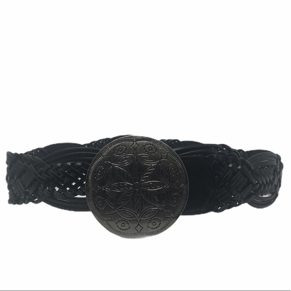 New York & Co Braided Brown Leather Belt Silver Medallion Buckle - Picture 14 of 14